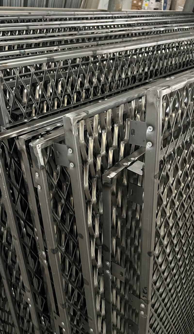 Expanded metal mesh railing customization options displayed with different patterns, hole shapes, and metal finishes for architectural guardrail applications.