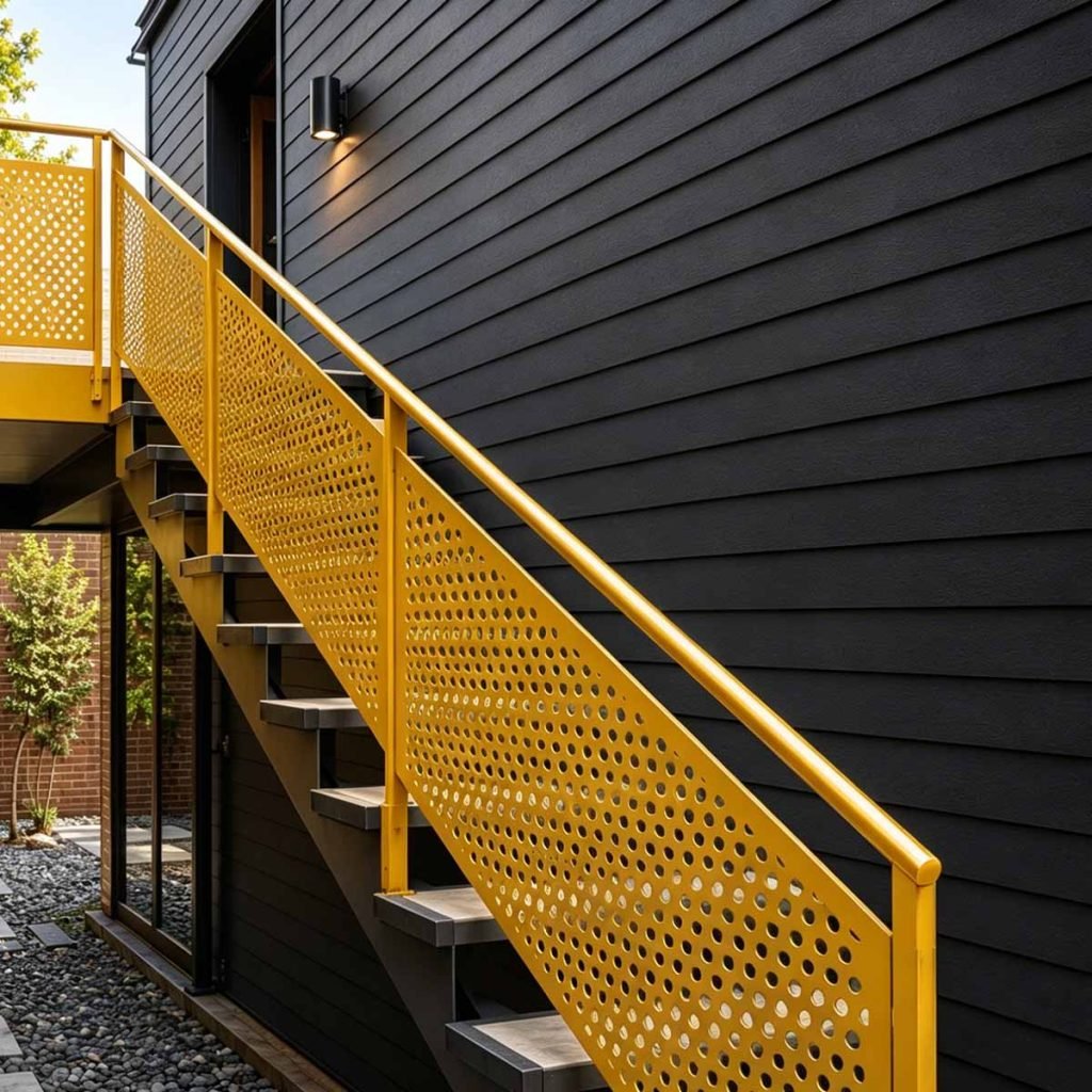 Custom perforated metal railing panels for contemporary architectural applications