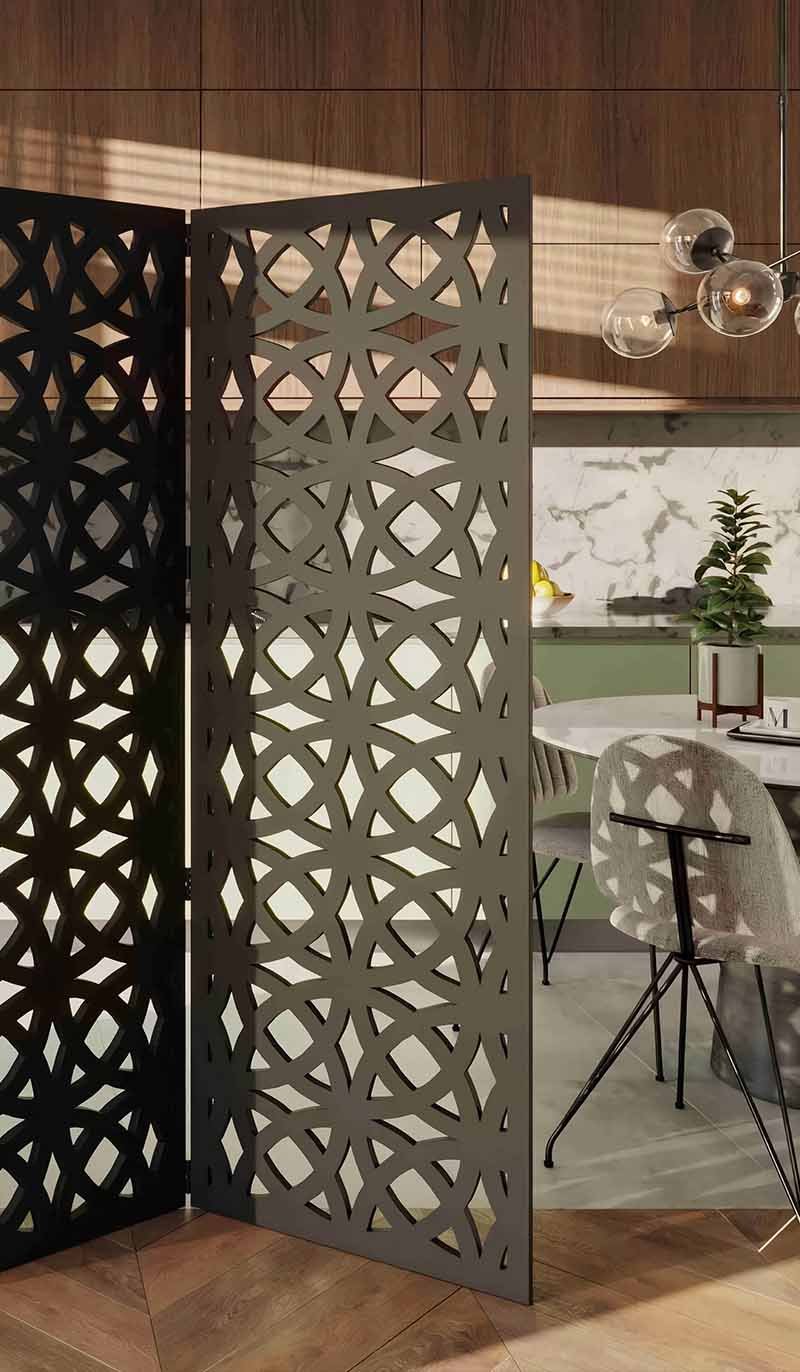 Aluminium laser-cut metal privacy screen panels featuring custom patterns for modern architectural designs