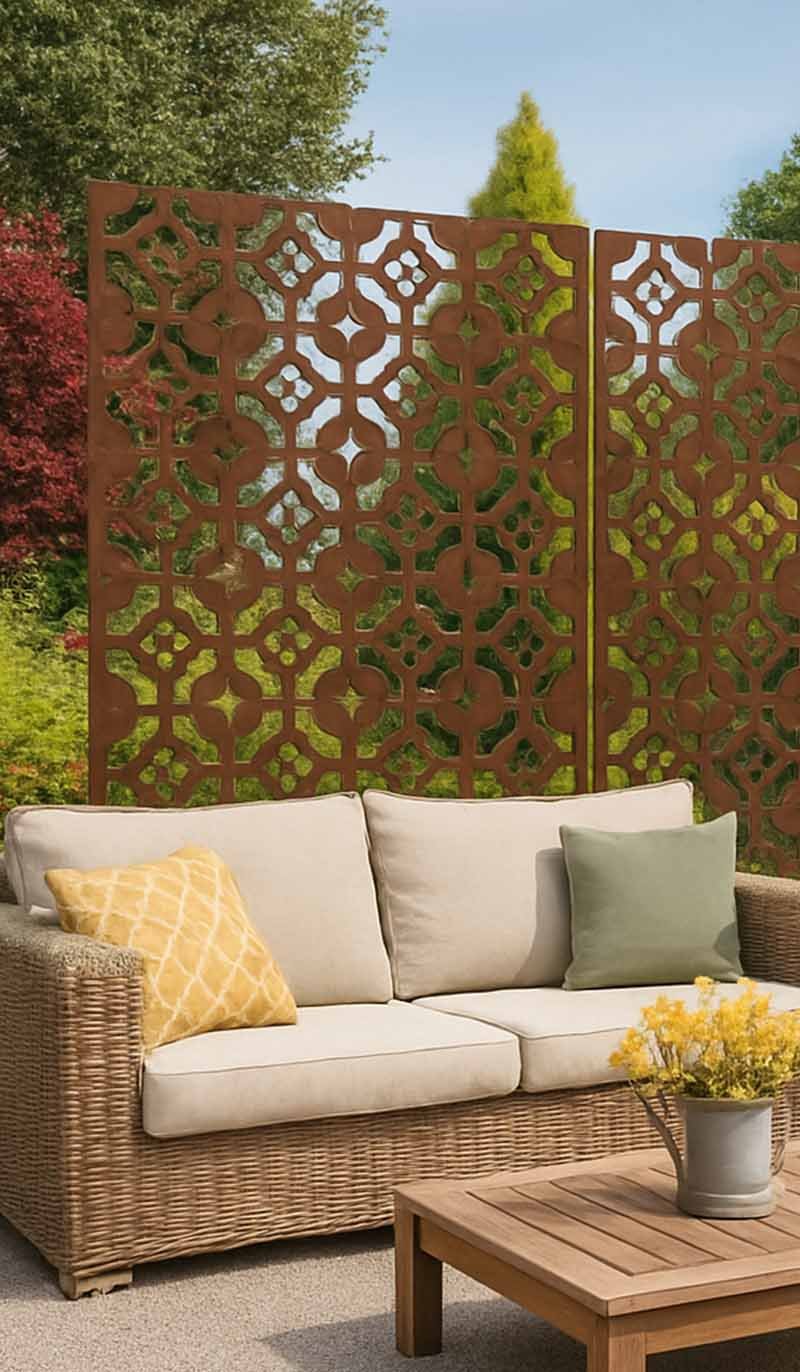 Custom aluminium laser-cut metal privacy screen panels with decorative designs for architectural applications