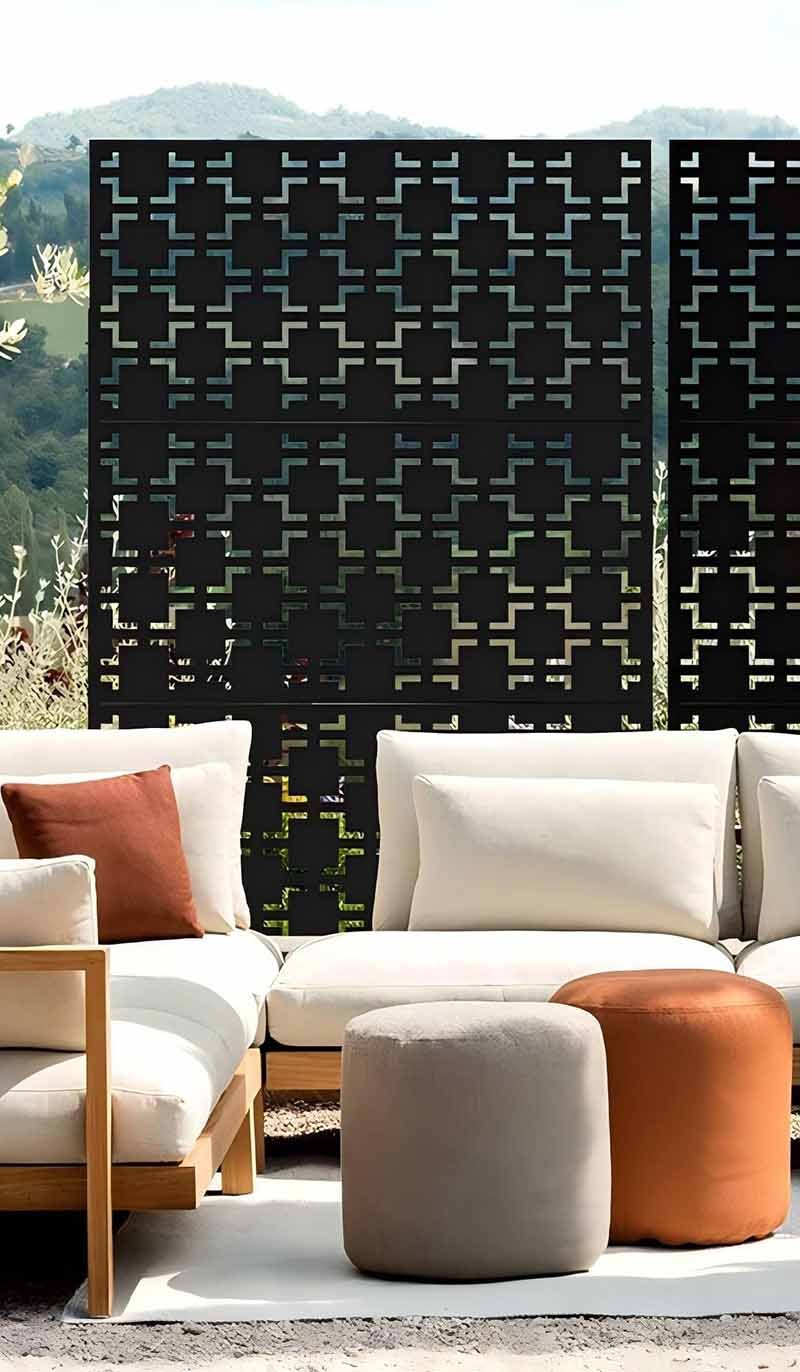 Aluminium laser-cut metal privacy screen panels with custom decorative patterns for building exteriors