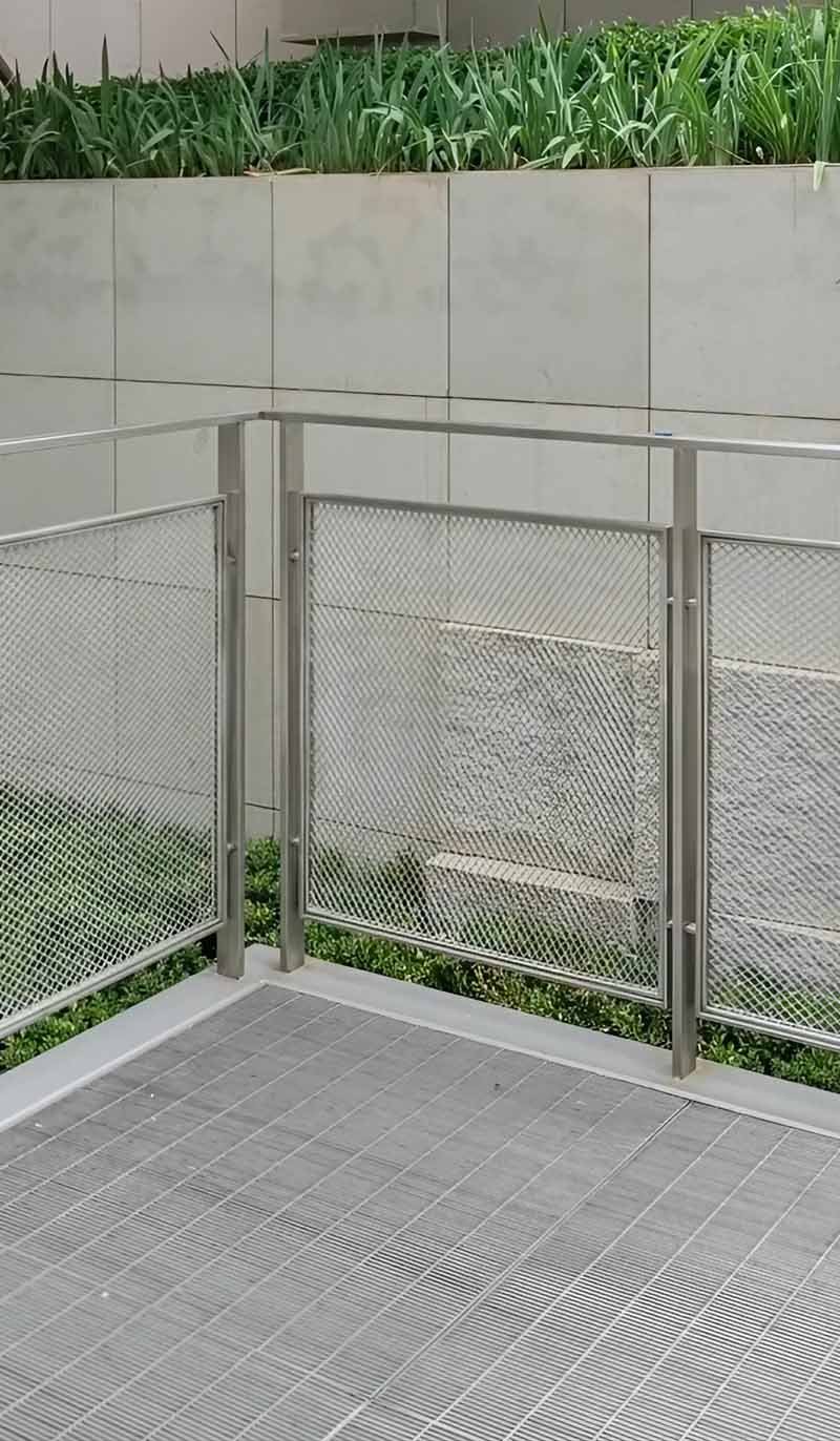 Expanded metal mesh railing panels used for architectural guardrails