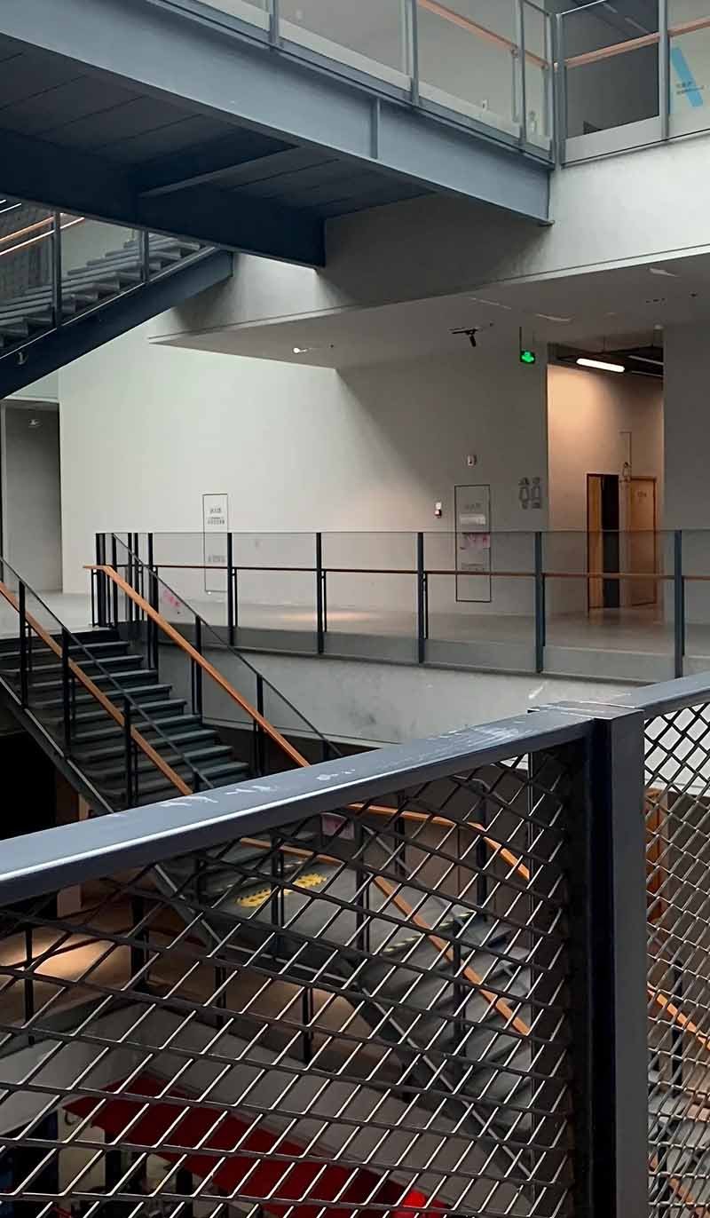 Expanded metal mesh railings and guardrails installed in an architectural project