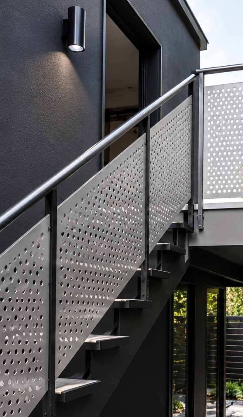 Perforated metal railing and balustrade panels used in an architectural project