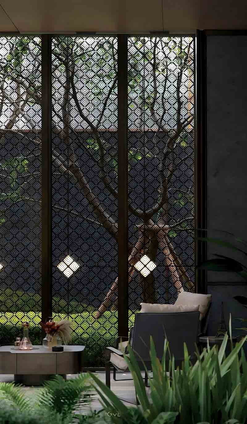 Stainless steel laser-cut screen panels for decorative architectural applications