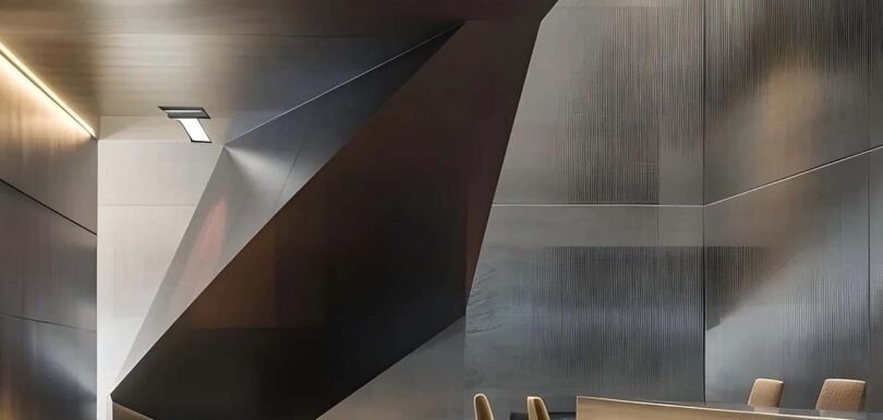 Decorative stainless steel wall panels creating a luxurious lobby with reflective finishes and elegant architectural design