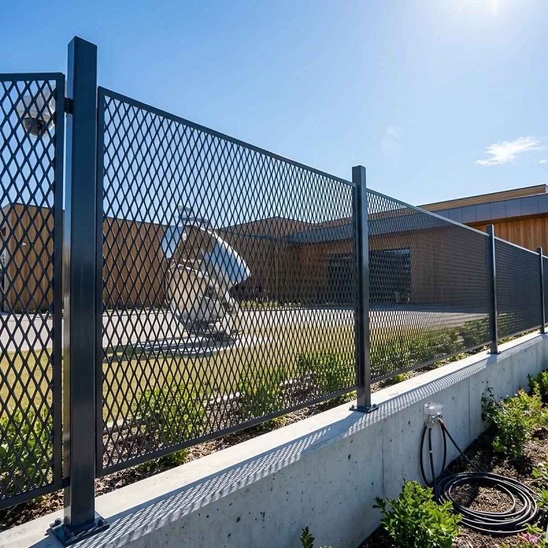 Expanded metal fence designs with diamond mesh for architectural applications