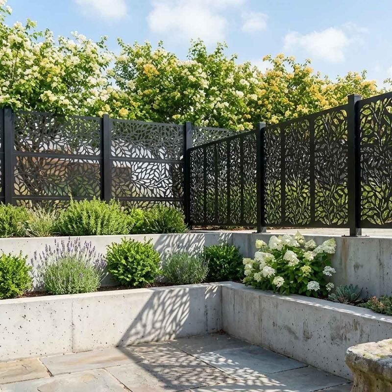 Laser-cut metal fence panels with custom patterns for architectural fencing design