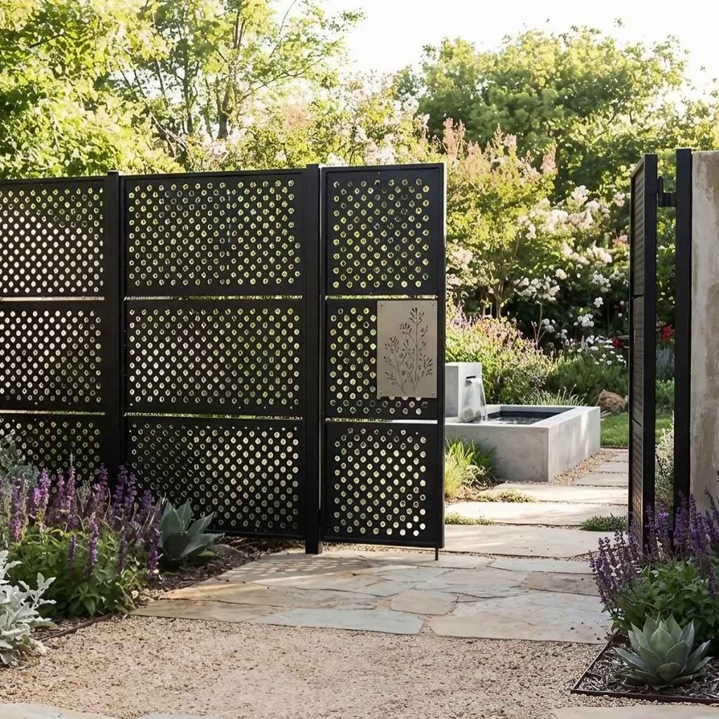 Perforated metal fence panels with patterned openings for a landscaped garden