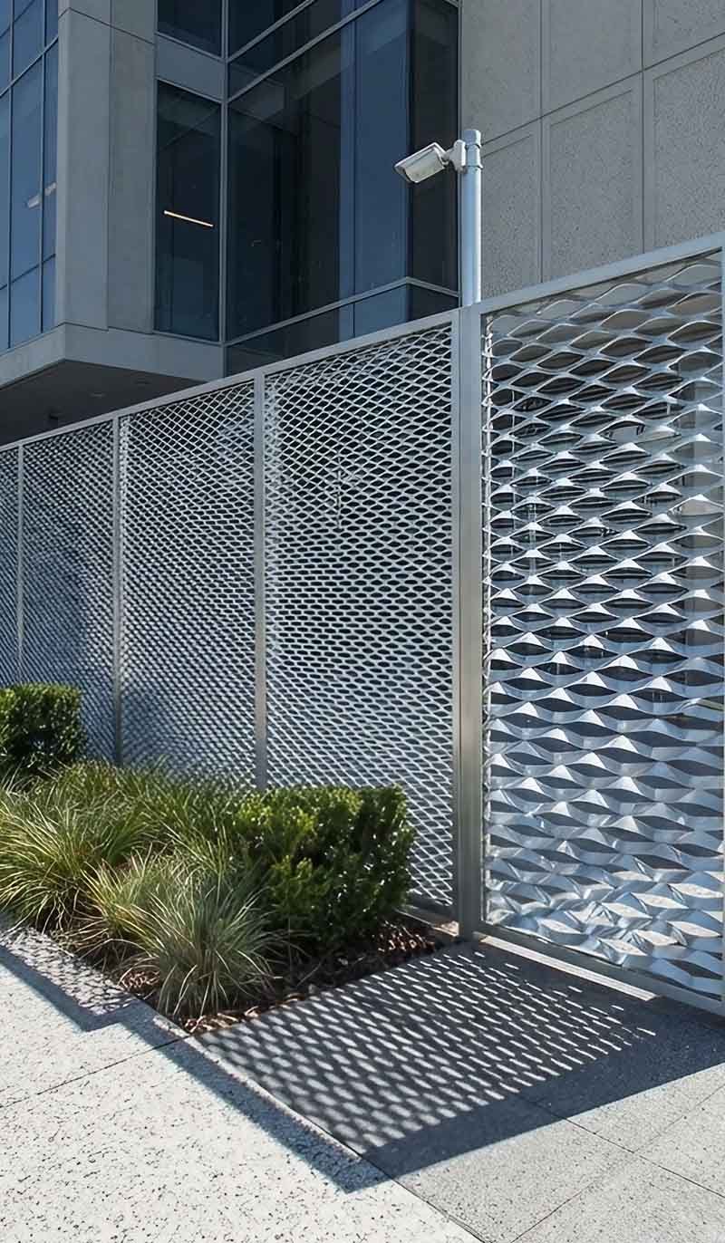 Expanded metal fence panels used in a modern architectural project