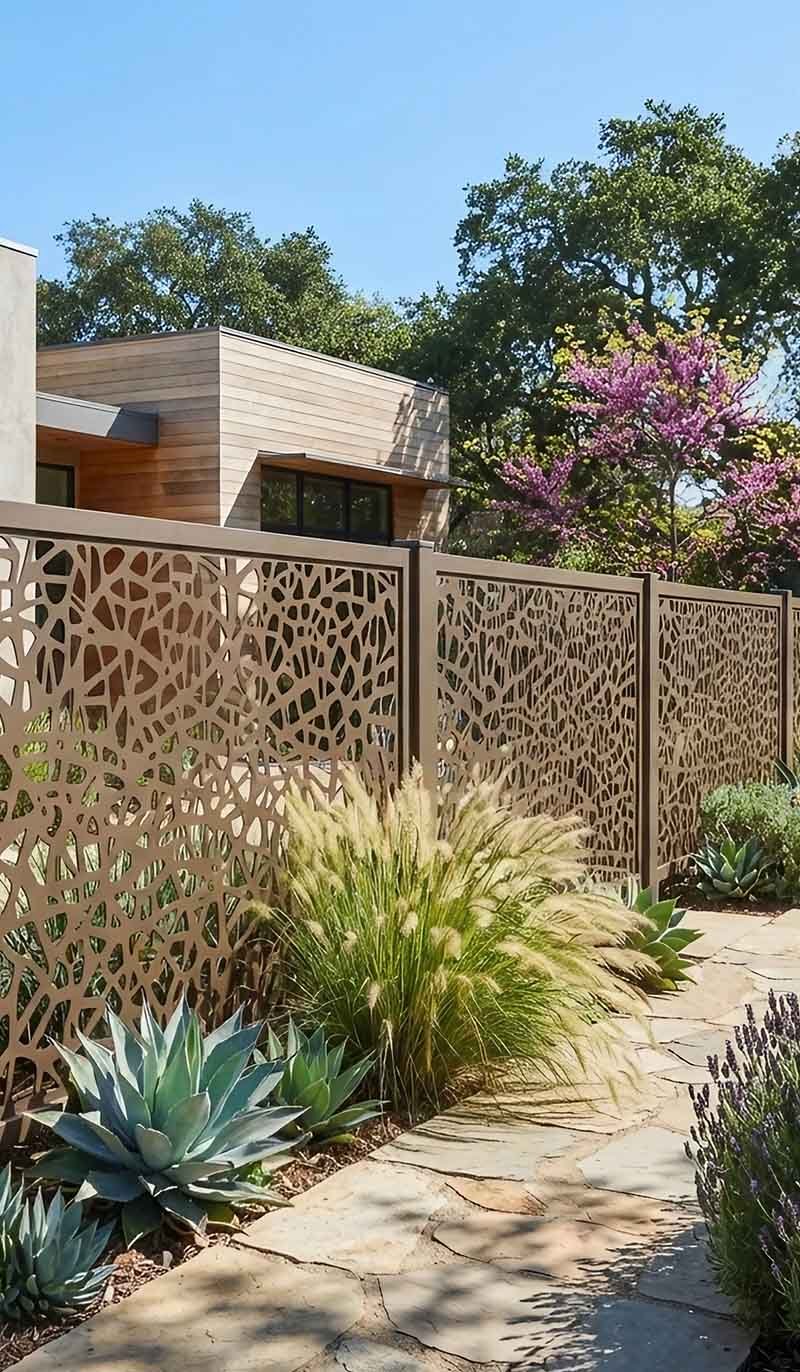 Laser-cut metal fence panels with a decorative pattern in a landscaped residential garden