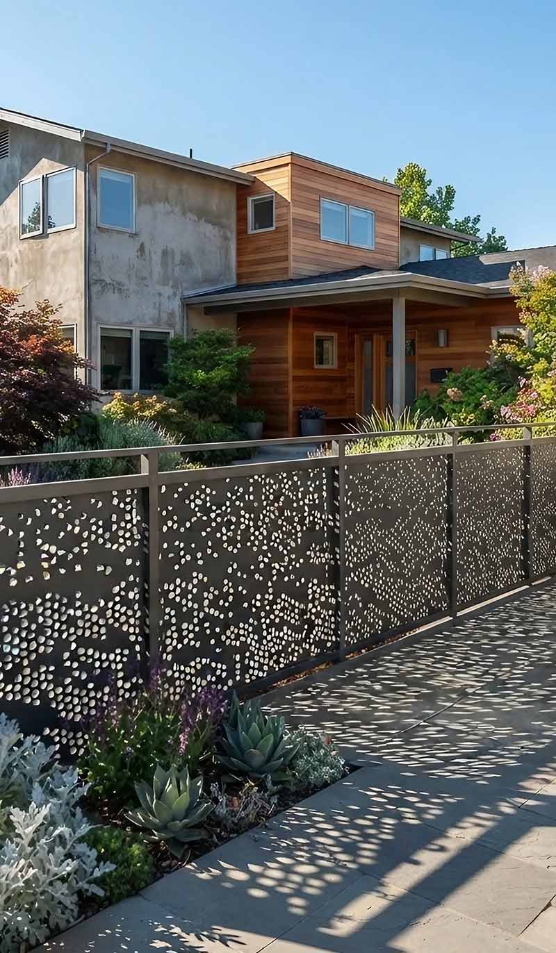 Laser-cut metal fence panels with a geometric pattern used as a decorative outdoor boundary