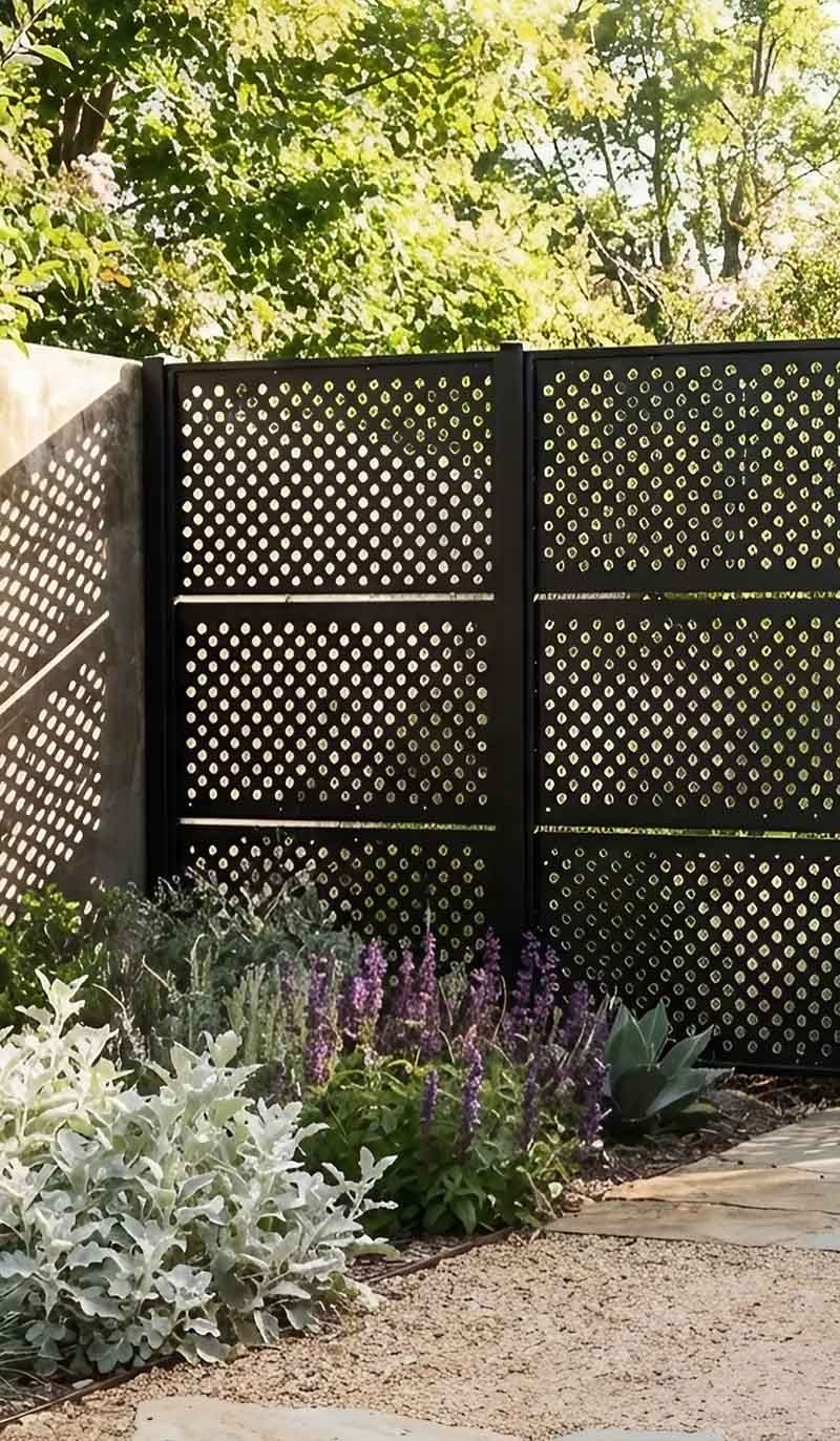 Perforated metal fence panels in an architectural project