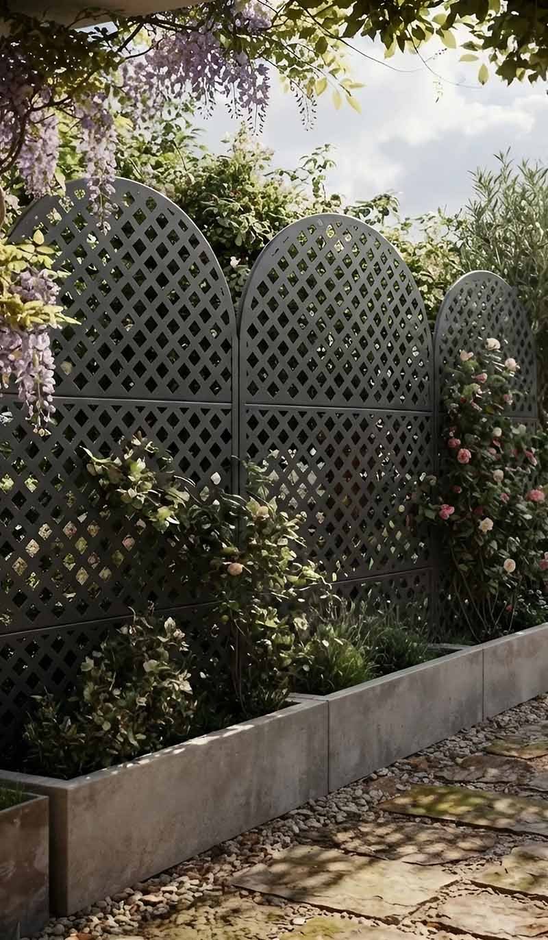 Custom perforated metal fence panels in architectural project