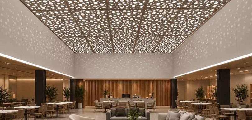Modern metal ceiling design featuring creative patterns and architectural details for contemporary interior spaces