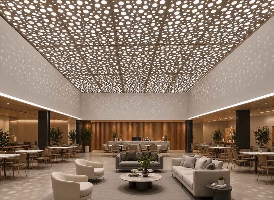 Modern metal ceiling design featuring creative patterns and architectural details for contemporary interior spaces