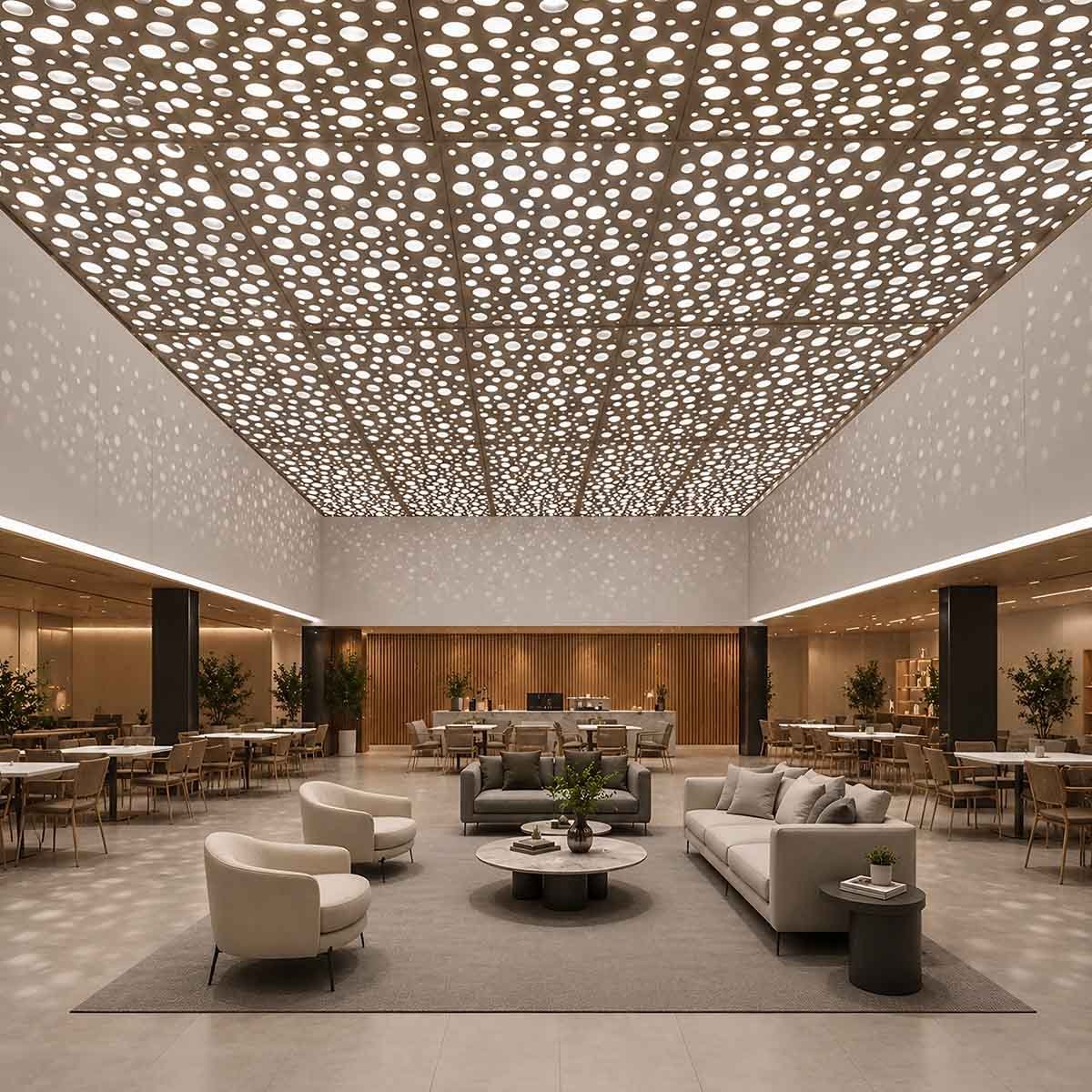 Modern metal ceiling design featuring creative patterns and architectural details for contemporary interior spaces